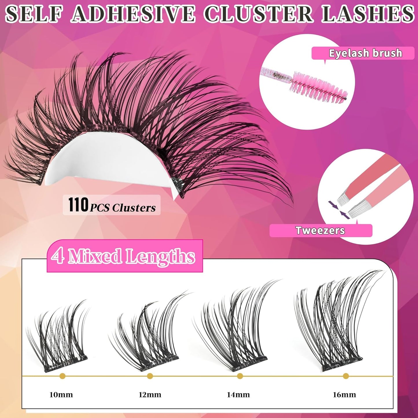 Self Adhesive Eyelashes Kit Wispy Eyelash Extension Self Adhesive Lashes Reusable Press on Lashes No Glue Needed Lash Clusters 10-16mm D Curl Pre Glued Eyelashes Clusters(A01,110Pcs)