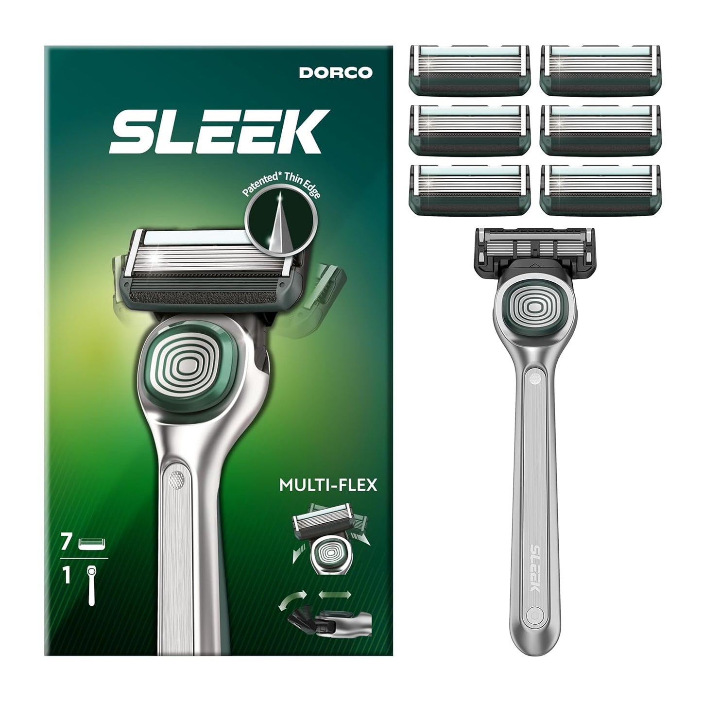 DORCO SLEEK Six Blade Razor System with Multi-Flex Technology, Precision Shaving Razor Handle, Includes 7 Cartridges