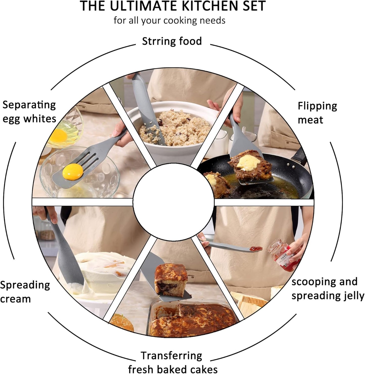 Tongjude Silicone Spurtle Set, Silicone Spatula Set, Heat Resistant Cooking Utensil for Nonstick Cookware, Serving，Baking, Whisking, Smashing, Scooping, Spreading, 8 Piece