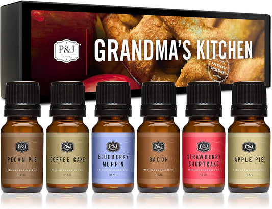 P&J Trading Fragrance Oil Grandma's Kitchen Set | Apple Pie, Pecan Pie, Blueberry Muffin, Bacon, Strawberry Shortcake, Coffee Cake Candle Scents for Candle Making, Freshie Scents, Soap Making