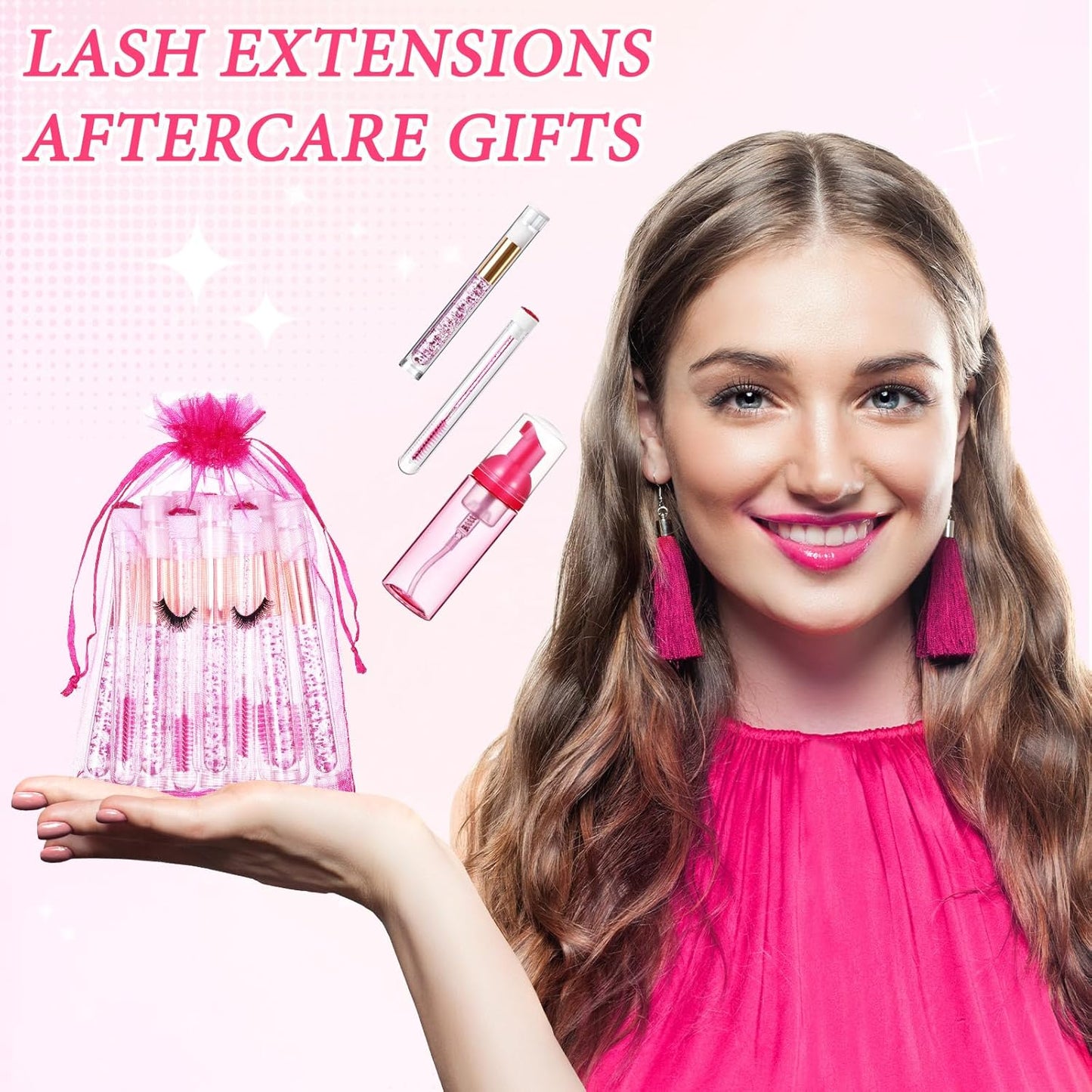 Zhehao 80 Pcs Lash Shampoo Bottle Brushes Kit 20 Foam Pump Dispensers 20 Lash Shampoo Brushes 20 Eyelash Aftercare Bag 20 Cleaning Pipes, Eyelash Extension Supplies(Rose Red)