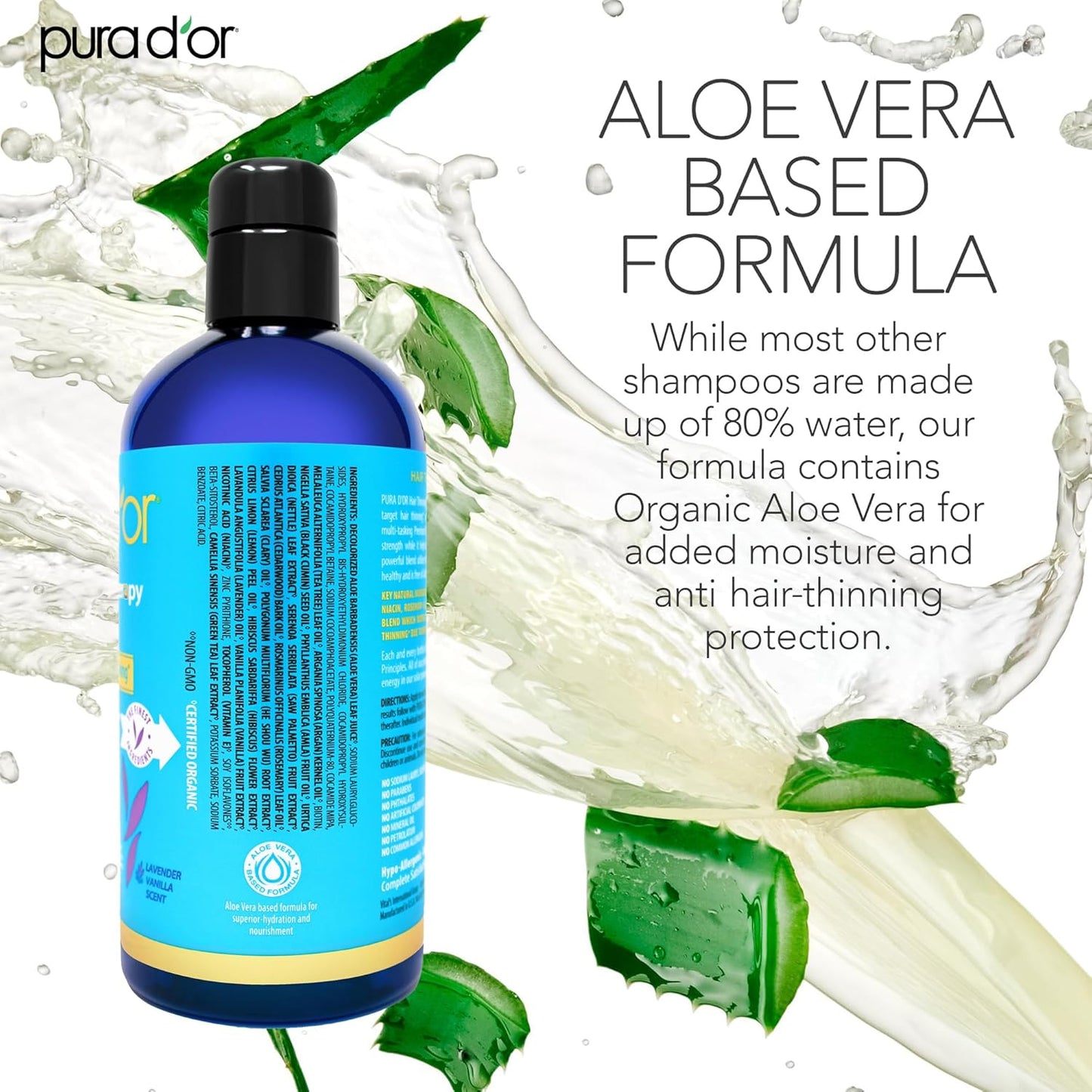 PURA D'OR 16 Oz Hair Thinning Therapy Biotin Shampoo - LAVENDER VANILLA Scent - CLINICALLY TESTED Effective Results, Herbal Blend Hair Thickening Products Women & Men, Color Safe Routine Shampoo