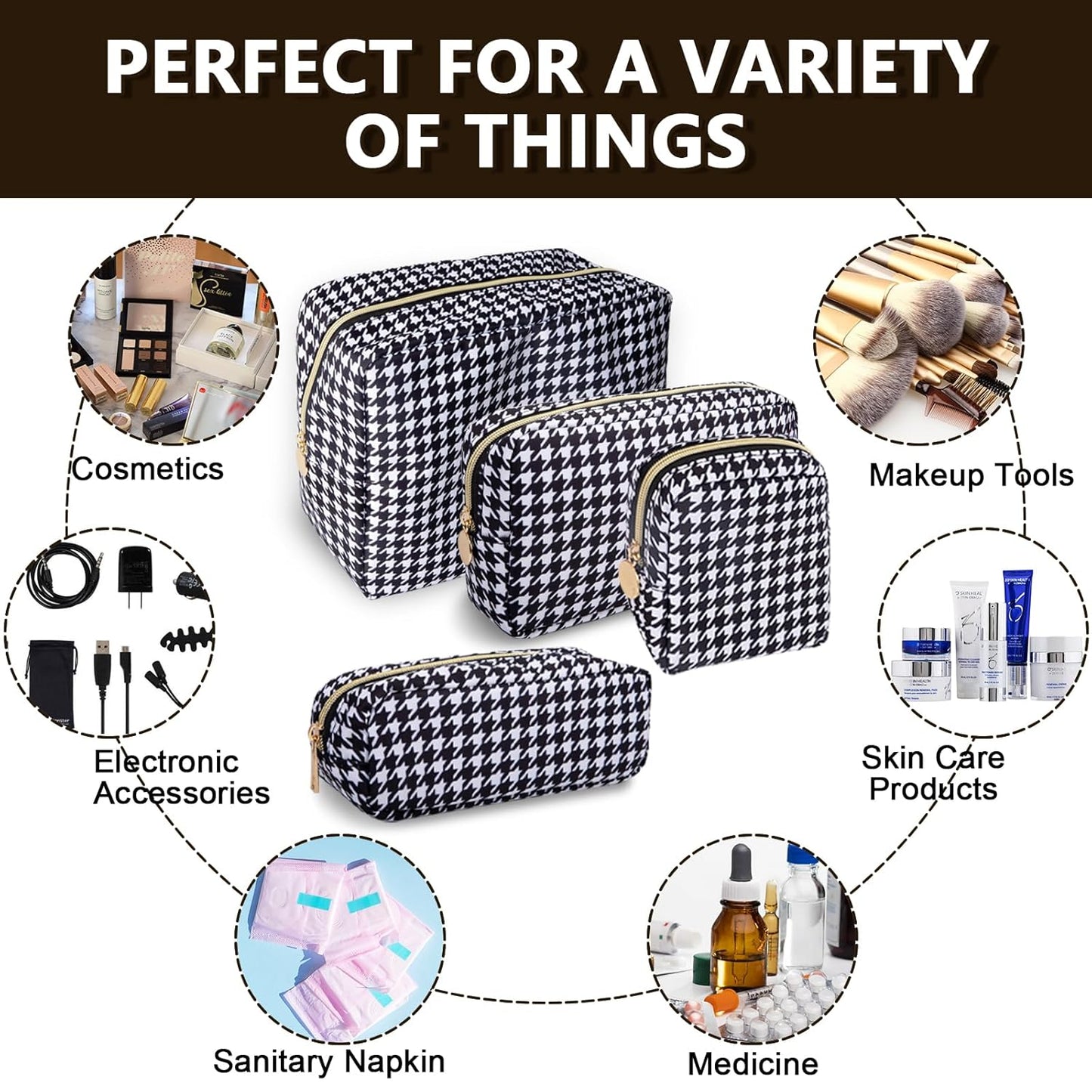 Mini Makeup Pouch for Purse， Small Cosmetic Bag Pouch Nylon Travel Toiletry Organizers for Women Girls, Cute Storage Zipper Pouch Coin Purse for School Work Camping(Mini-Houndstooth)