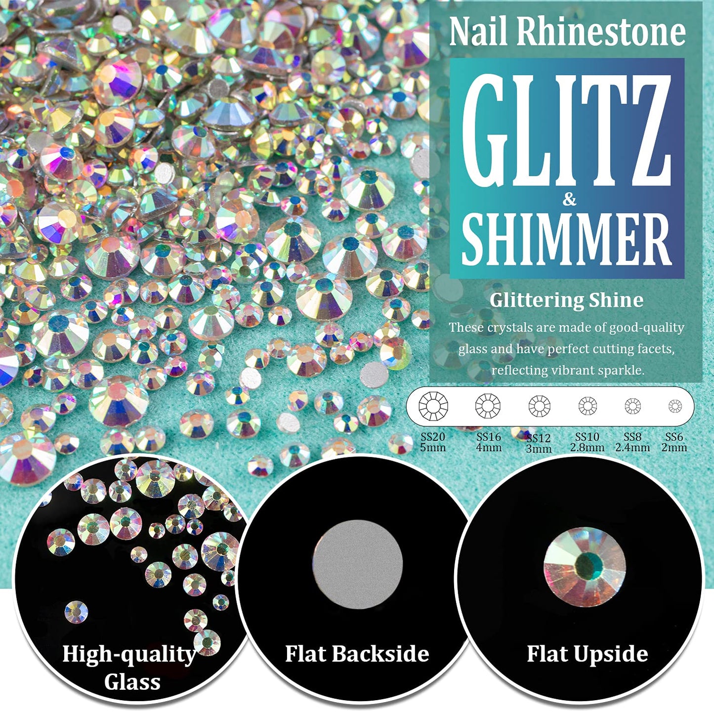 6 Sizes Transparent and AB Glass Crystal Kit with Pickup Pen + Tweezer Tools for Iridescent Shine Nail Art Manicure Makeup DIY Decoration Flatback Round Rhinestone Gem Jewelry Diamond