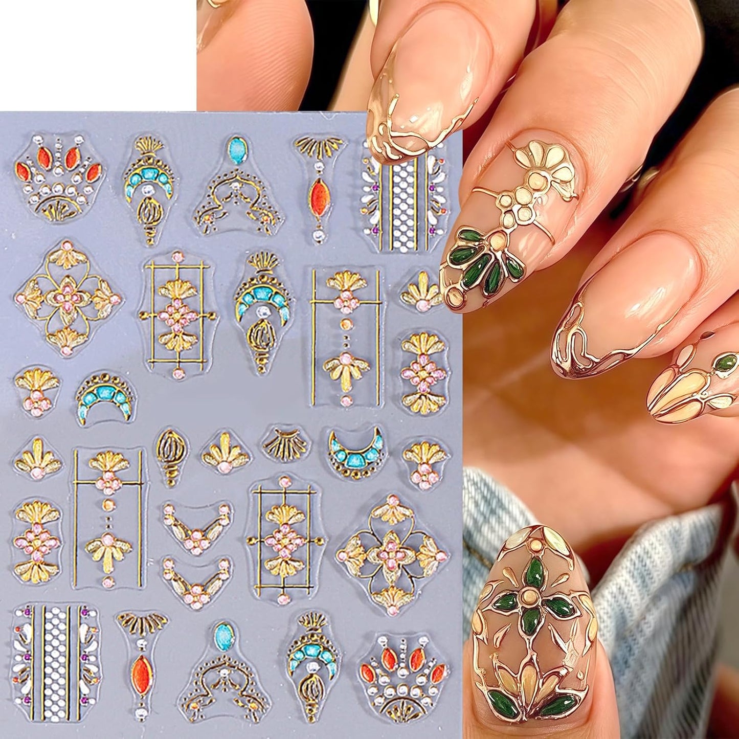 3 Sheets Bohemian Style Nail Decals Embossed Star Nail Art Stickers 5D Self-Adhesive Sun Moon Nail Stickers Flame Heart French Designs Nails Decor Boho Manicure Accessories for Women Nail Supplies