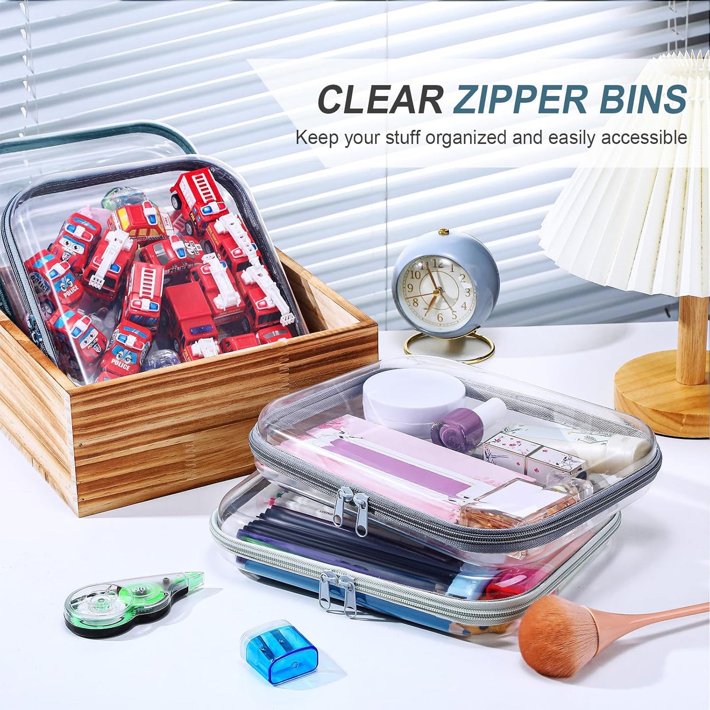 Hoolerry 4 Pcs Hard Clear Zipper Case Makeup Bags Plastic Pencil Pouch Transparent Storage Box Containers for Cosmetics, Snacks, Building Blocks, Puzzles(Morandi,9.8 x 7.9 x 2 in)