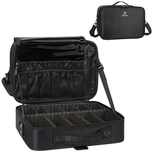 MONSTINA Travel Makeup Train Case,13.8 inches Large Cosmetic Case,Makeup Brush Holder Organizer and Storage with Adjustable Dividers and Shoulder Strap (Black)