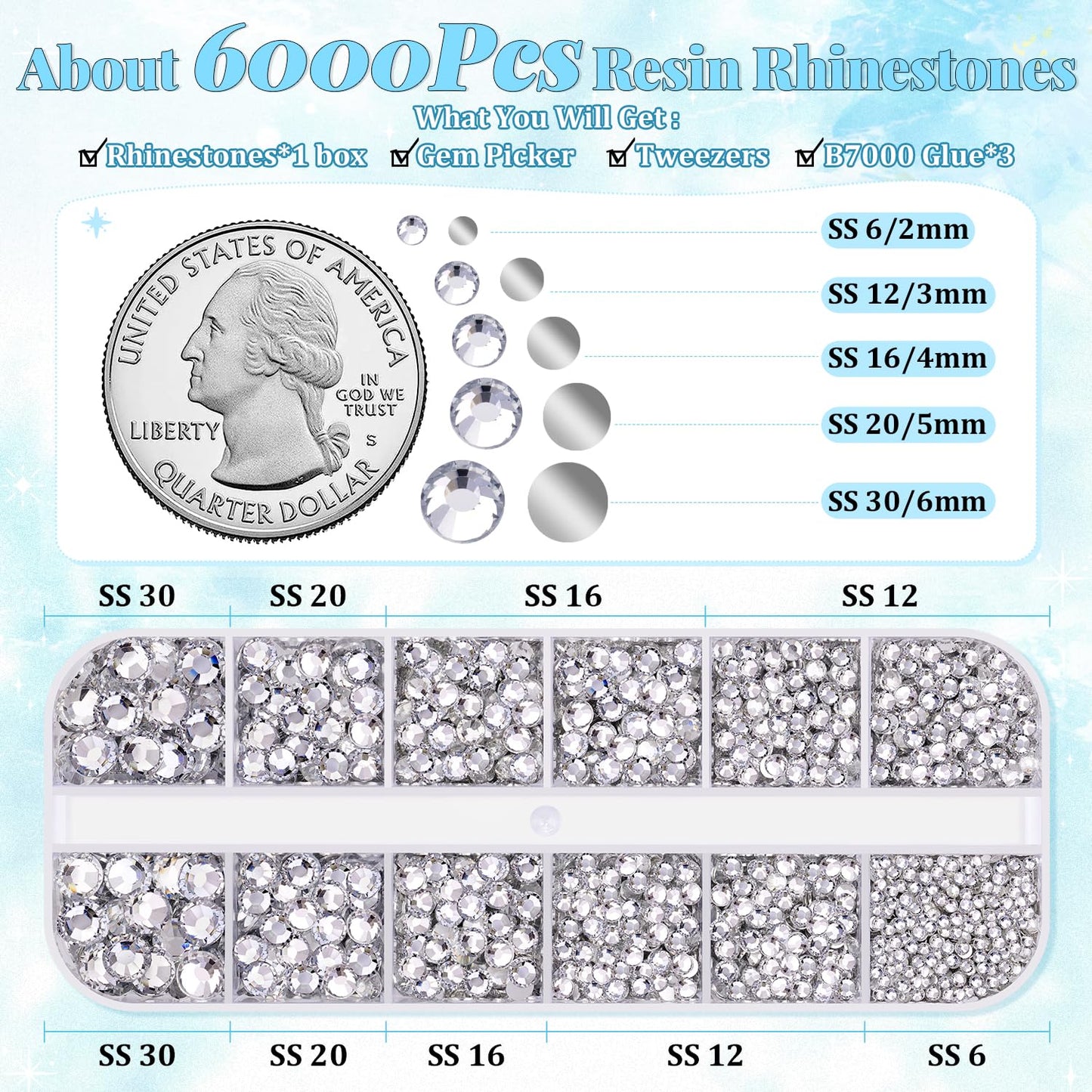 6000Pcs Resin Rhinestones for Bedazzling with 3Pcs B7000 Jewelry Glue, 1 Box Clear Flatback Rhinestones for Crafting Crafts DIY, Crystals Gems for Clothing Shoes Tumblers Nail Art Makeup