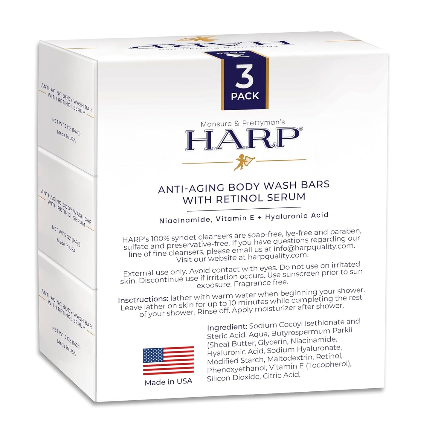 HARP Anti-Aging Body Wash Bar With Retinol + Niacinamide, Vitamin E, Hyaluronic Acid. 100% Syndet Base. Soap/Lye-Free and FRAGRANCE FREE (3-Pack, Anti-Aging Serum)