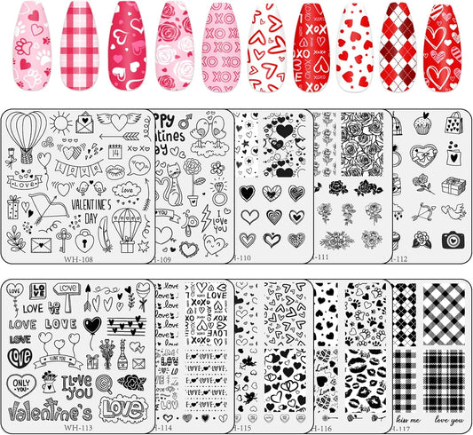 Whaline 10Pcs Valentine's Day Nail Art Stamping Plate Kit Romantic Love Heart Rose Design Nair Art Plate for Wedding Anniversary DIY Print Manicure Salon