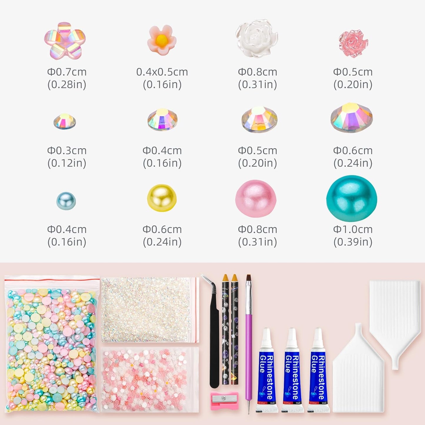 160g Cyan Citrine Flat Back Pearls Rhinestones with Gel for Crafts Mixed Size 3mm-10mm AB Color Round Half Pearls Flatback Pearl Beads and Resin Rhinestones Set for Face Art