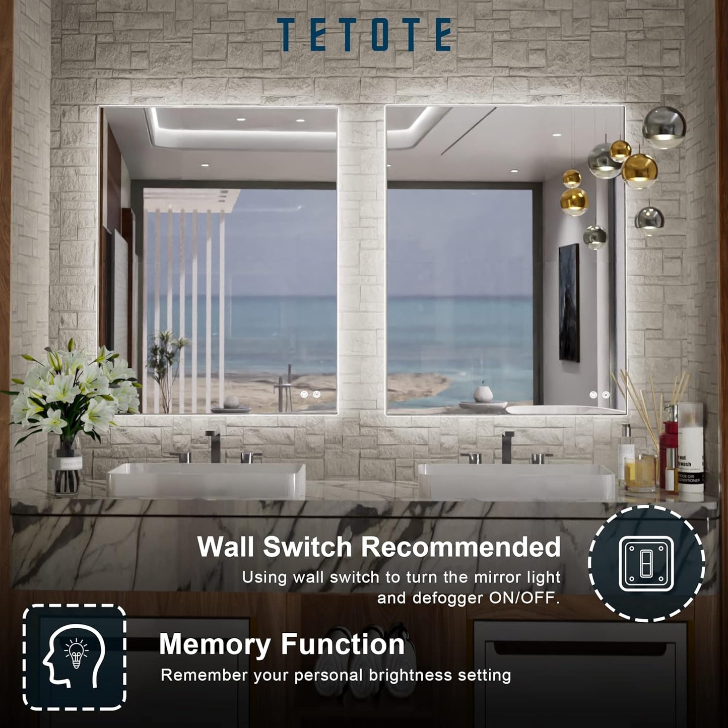 TETOTE 24x32 LED Backlit Mirror Bathroom with Light,3Color White/Warm/Natural,Anti-Fog Lighted Mirror,Dimmable,Vanity Mirror,Wall Mounted