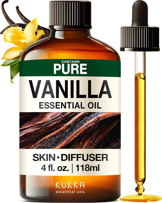 Kukka Vanilla Essential Oil for Diffuser & Skin - 4 Fl Oz - Vanilla Oleoresin Essential Oil - Long Lasting Perfume, DIY Soap Making Scents