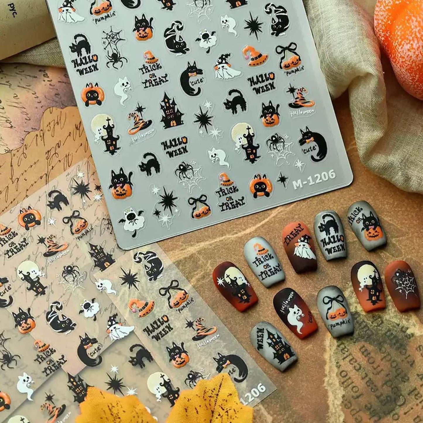 5D Embossed Halloween Nail Stickers for Nail Art Cute Nail Art Decals Self-Adhesive Pumpkin Nail Decals Design Manicure Supplies Black Cat Nails Decoration Accessories for Women Girls