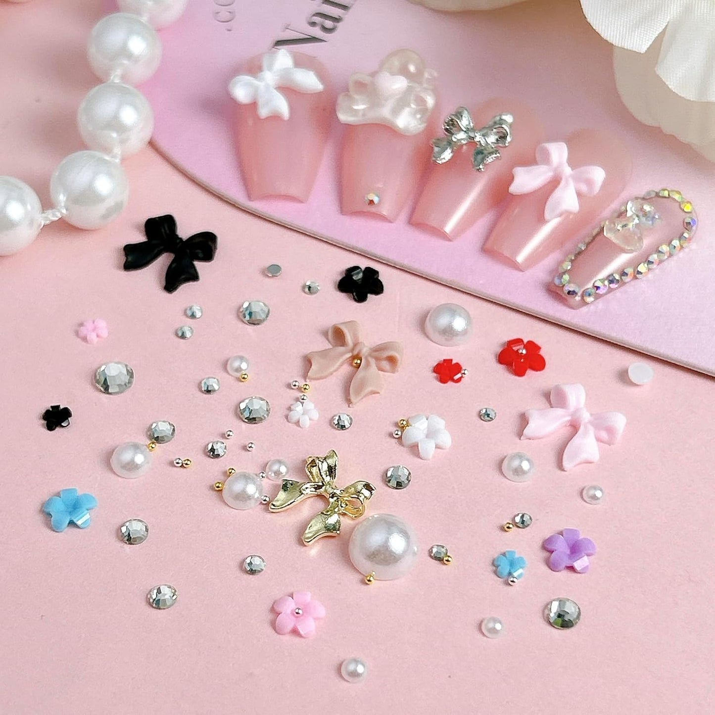 White Pearl Nail Charms and Gems, 3D Colorful Flower Kawaii Metal Bow Charms for Nail Art Rhinestone Nail for Manicure DIY Crafts Jewelry Accessories