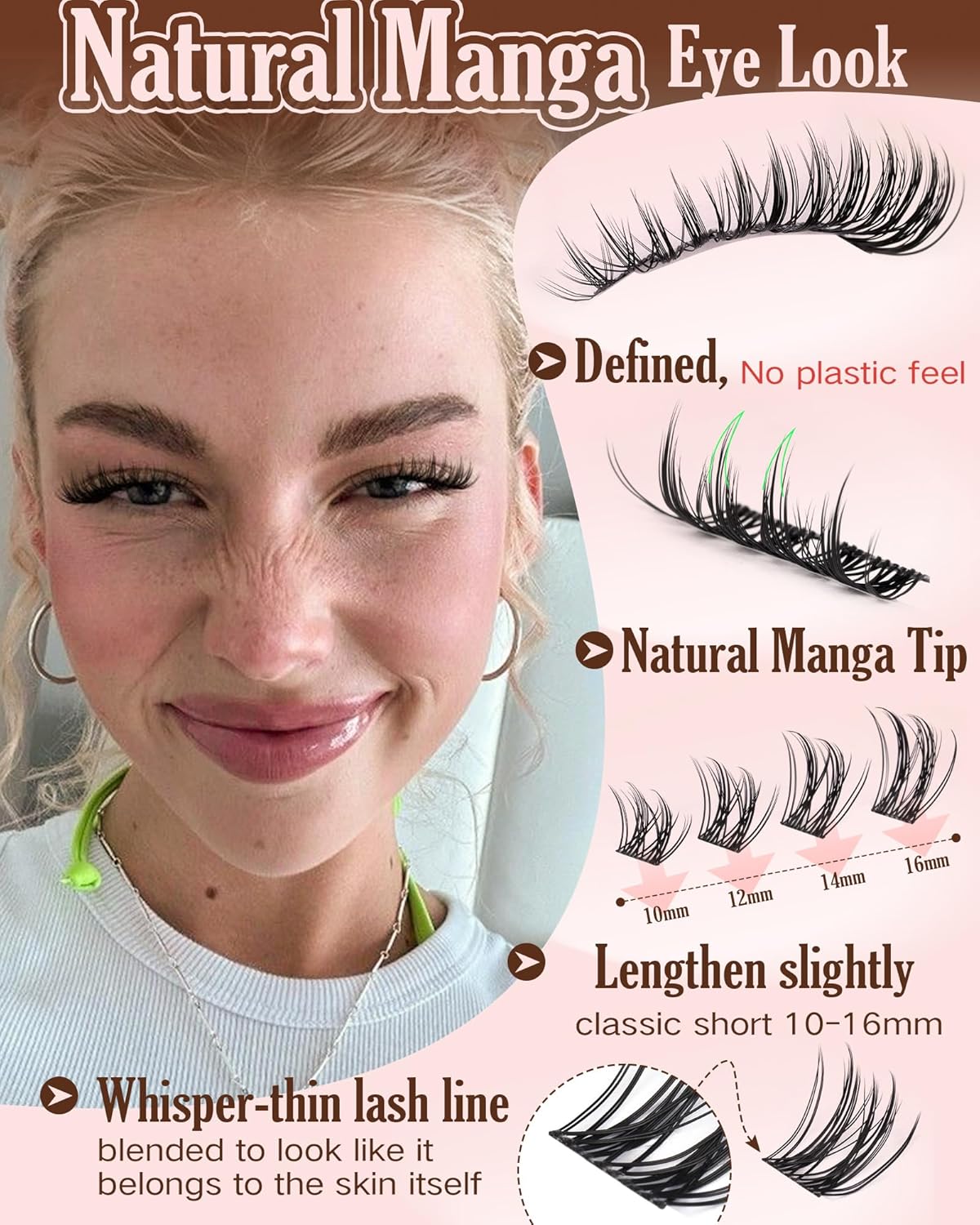 Manga Lash Clusters Kit Natural Wispy Cluster Eyelash Extensions Kit 180 Pcs Fairy C Curl Cluster Lashes 10-16mm Fluffy Lash Extensions Kit Anime Cosplay No Plastic Feel Individual Lash