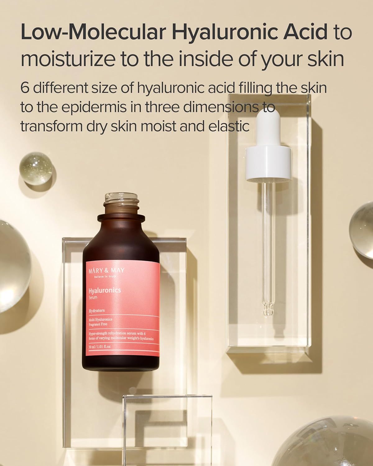 Mary&May Hyaluronics Serum - Deeply Hydrating Multi-Hyaluronic Acid Serum for Improved Skin Moisture and Elasticity - Korean Skincare, EWG Green Grade, Hypoallergenic, 1.01 fl.oz.