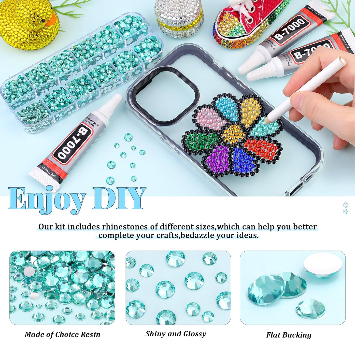 6000Pcs Resin Rhinestones for Bedazzling with 3Pcs B7000 Jewelry Glue, 1 Box Aquamarine Flatback Rhinestones for Crafting Crafts DIY, Crystals Gems for Clothing Shoes Tumblers Nail Art Makeup