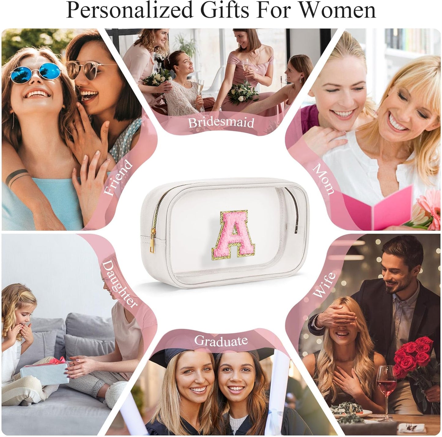 YOOLIFE Initial Make Up Bag Travel Toiletry Bag, Clear Makeup Bag Preppy Cosmetic Bag Clear Makeup Bags With Zipper Girlfriend Teacher 6 Year Old Girl Gifts Daughter Gifts Swim Gifts For Girls White Q