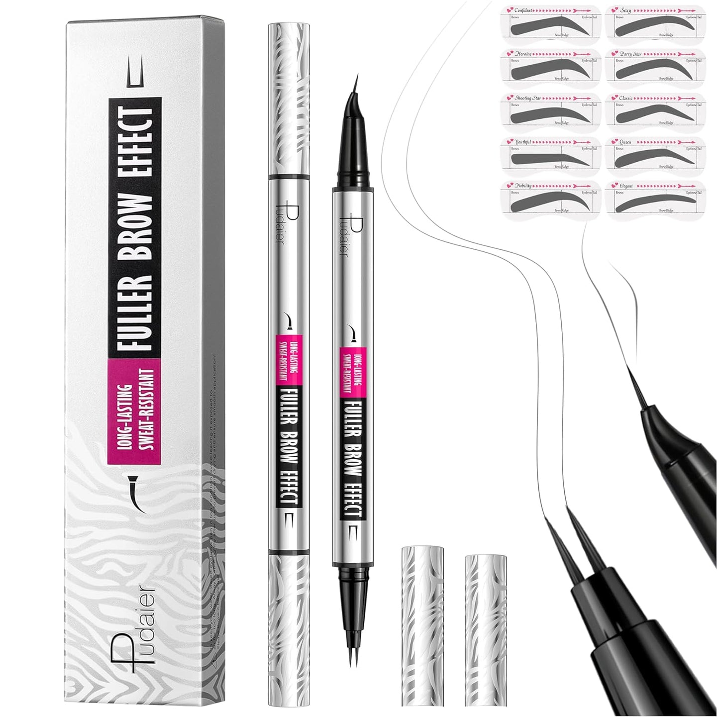 2 Pack 2 Fine Tip Eyebrow Pen, Waterproof Filling Faux Brow Makeup Pencils for Women with Precise Curved Brush-Tip to Fast Create Natural Hair-Like Brows, Last All-Day (Charcoal Grey)