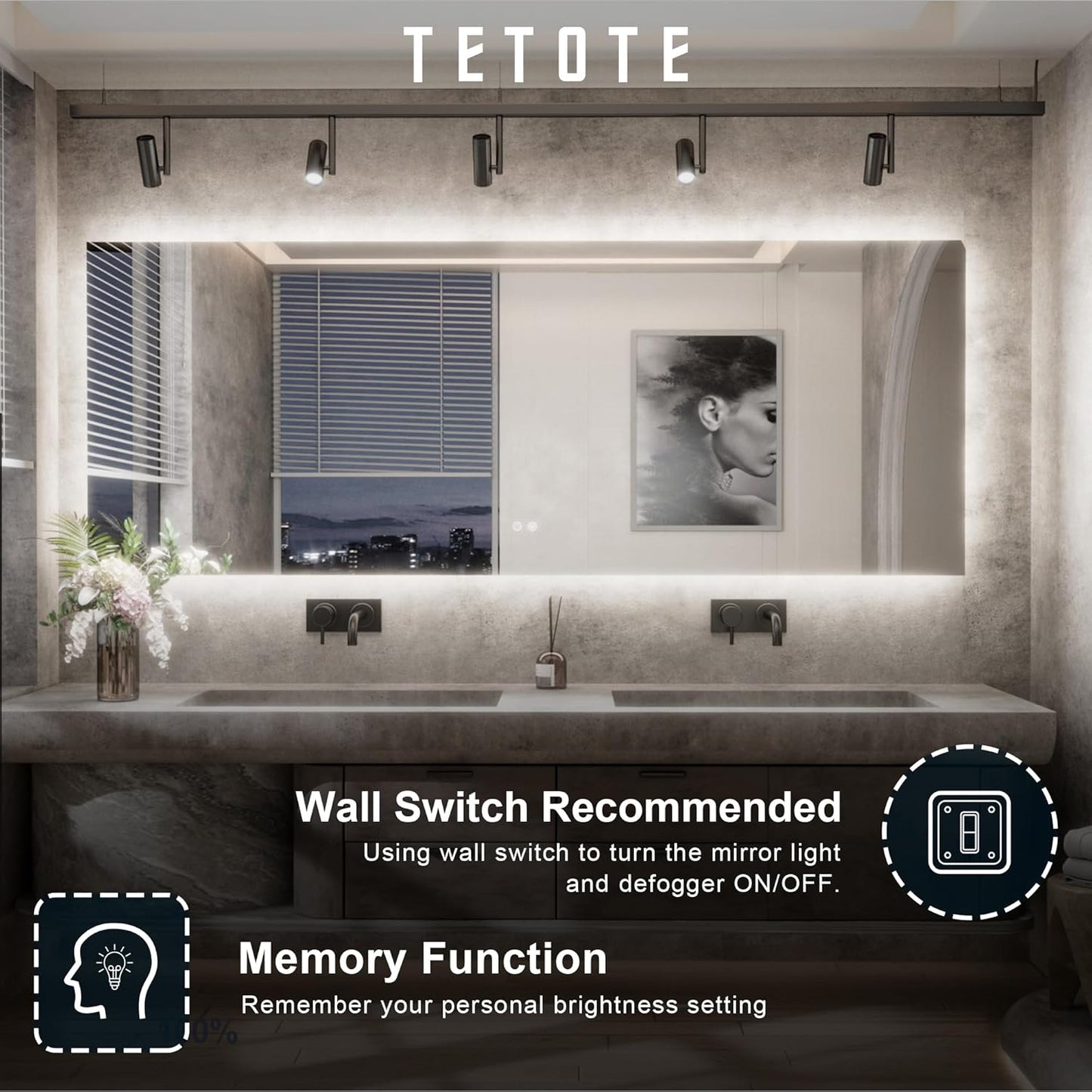 TETOTE 84 x 40 Inch LED Backlit Bathroom Mirror with Lights,Anti-Fog Lighted Mirror,Dimmable,Vanity Mirror,Wall Mounted