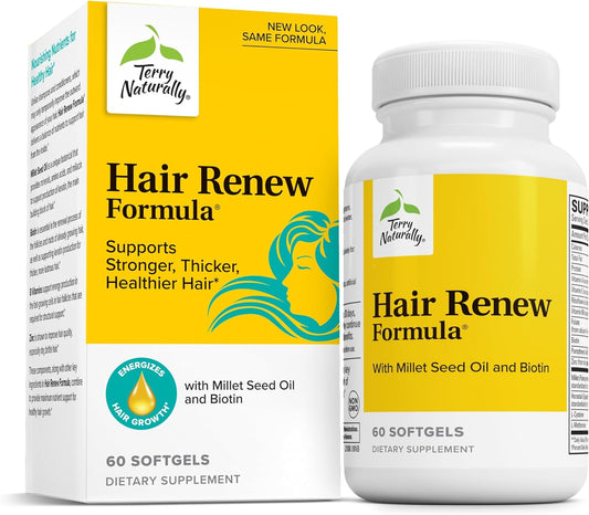 Terry Naturally Hair Renew Formula - Healthy Hair Growth Supplement with Biotin B Vitamins & Zinc - Millet Seed Oil for Keratin Production Support & Stronger, More Radiant Strands - 60 Softgels