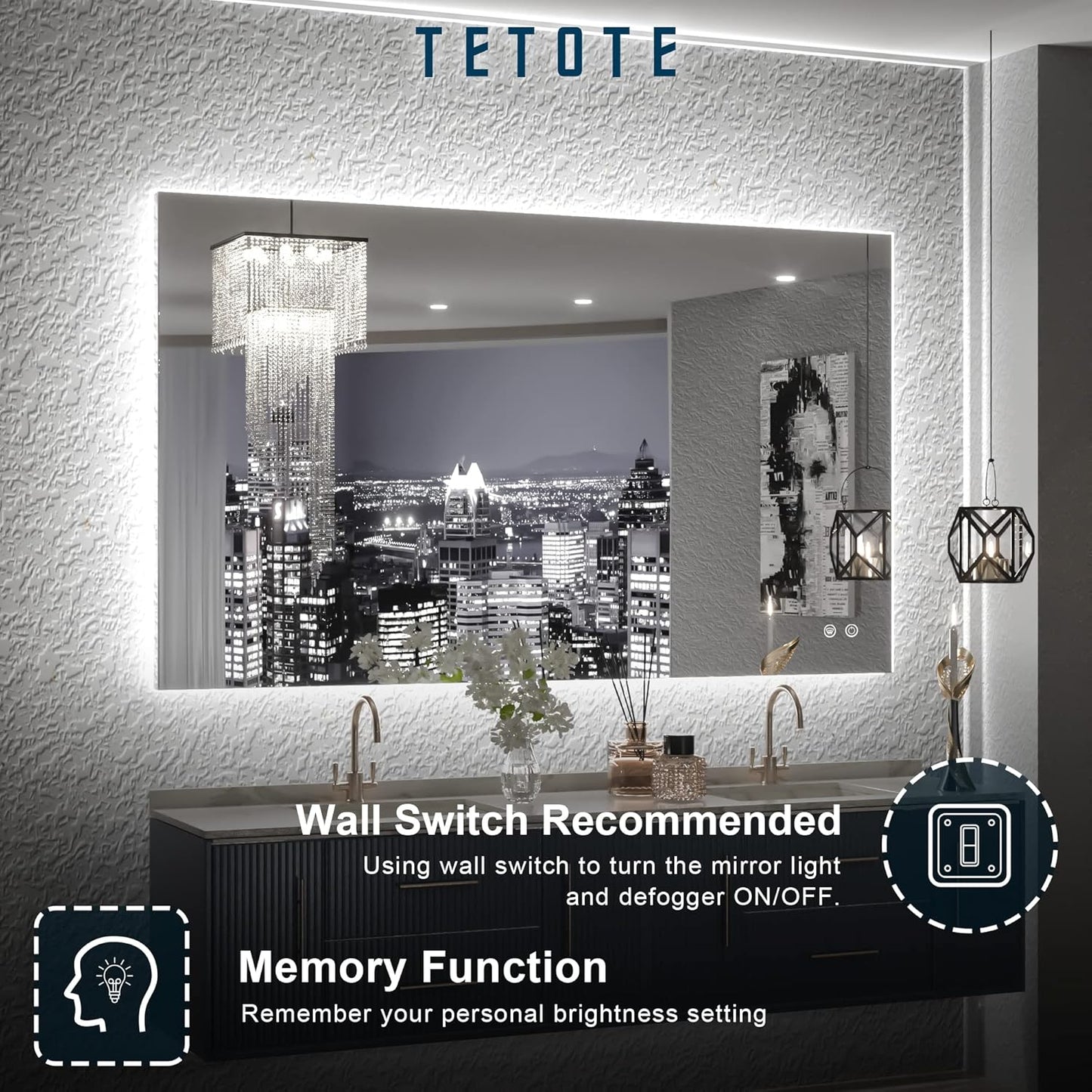 TETOTE 40 x 24 Inch LED Backlit Bathroom Vanity Mirror with Light,Anti-Fog,Dimmable,CRI90+,Touch Button,Water Proof,Horizontal/Vertical,Wall Mounted Lighted Mirror