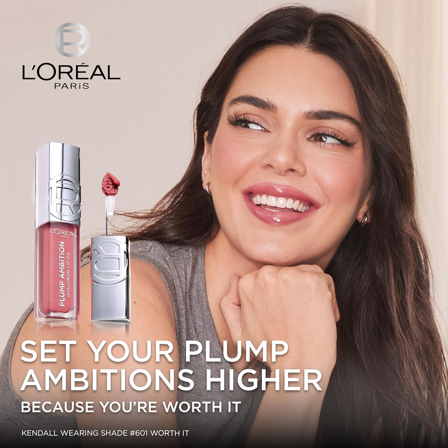 L'Oreal Paris Plump Ambition Hyaluron Lip Oil, 24 HR Lip Gloss with Hyaluronic Acid, Volumizing Formula with Glass-Like Shine, Nude Macaron 650, 0.16 Fl Oz