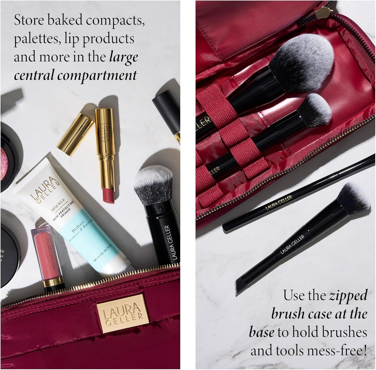 LAURA GELLER NEW YORK Quilted Makeup Bag with Brush Case, Burgundy - Toiletry Bag Organizer for Travel - Large Capacity Full Size Makeup Bag - Easy to Clean