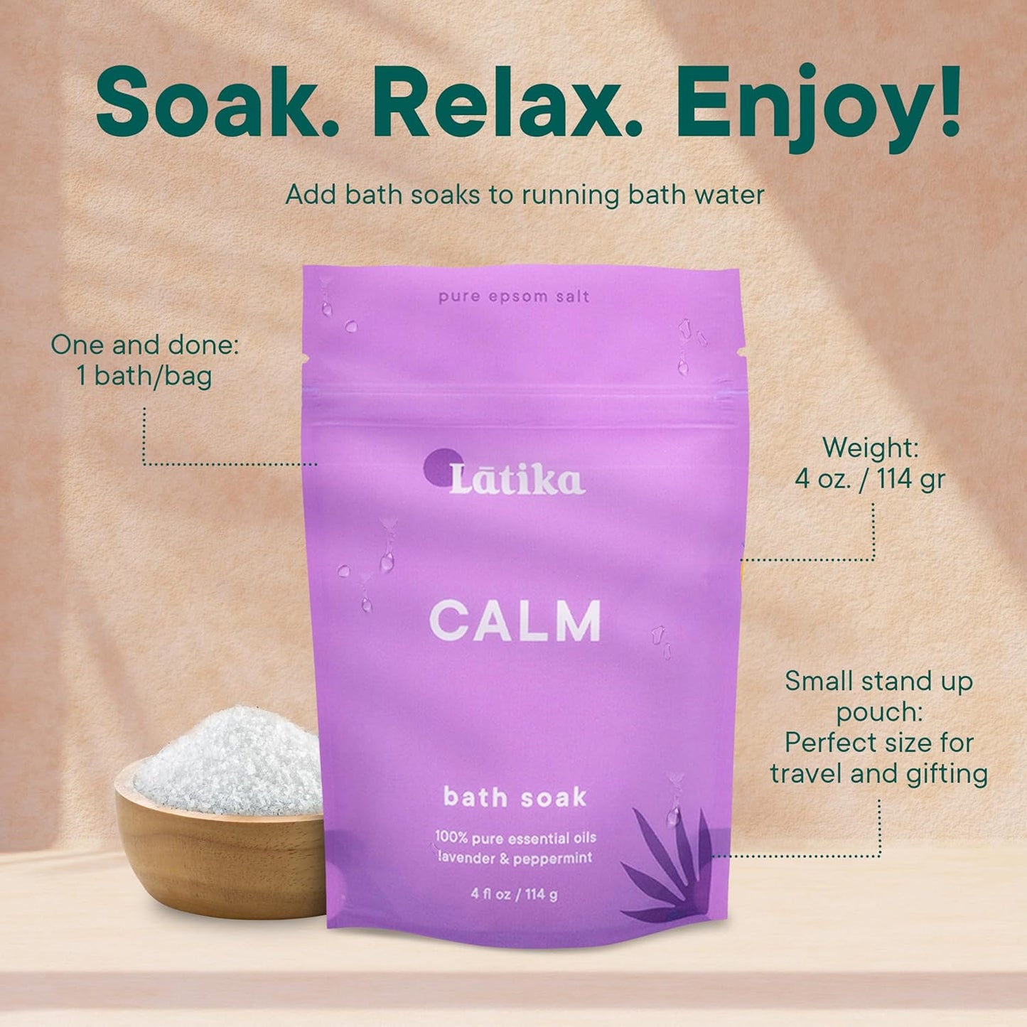 Soaks Set of 3 - Calm Bath Soaks with Lavender & Peppermint, Moisturizing Epsom Salt Soak for Stress Relief, Relaxation, and Skin Nourishment, at-Home Spa Retreat Gift