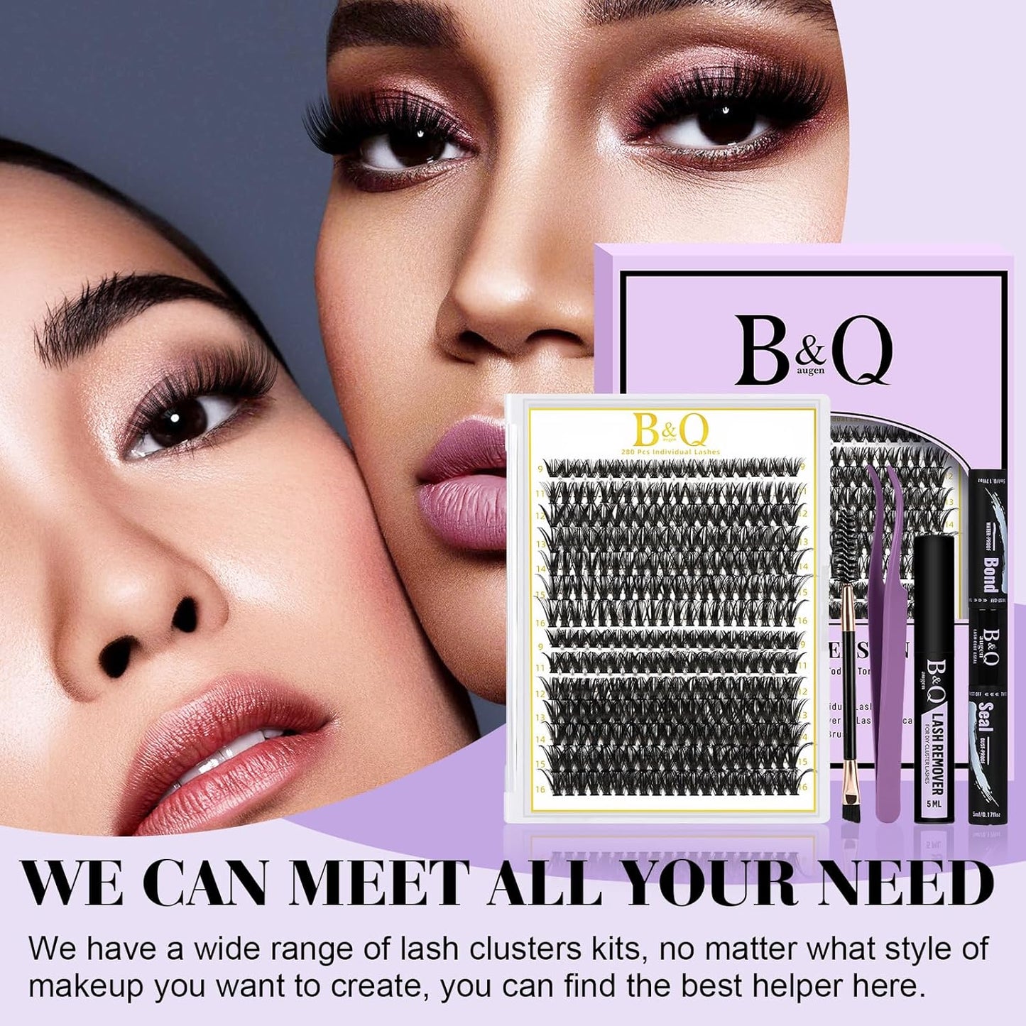 B&Q Lash Clusters Kit 280PCS Eyelash Clusters Kit,40D 50D D 9-16MIX Individual Lash Comfortable Eyelash Extension Set, Classic Look with Bond and Seal Waterproof, Remover DIY at Home(Set,40D+50D)