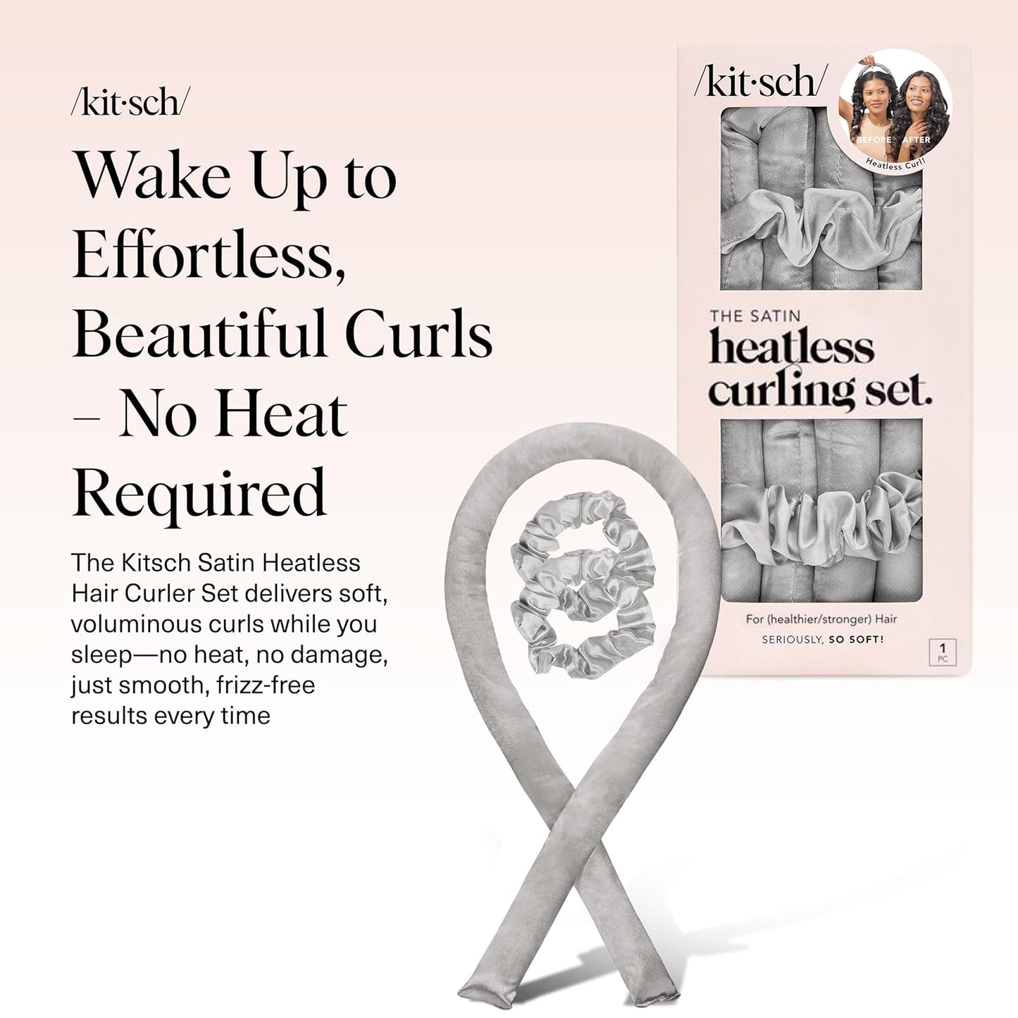 Kitsch Satin Heatless Curling Set – Heatless Hair Curler for Women, Hair Curler to Sleep In - with 2 Satin Scrunchies for Overnight Curls – No Heat Damage Styling with Heatless Curler - Silver