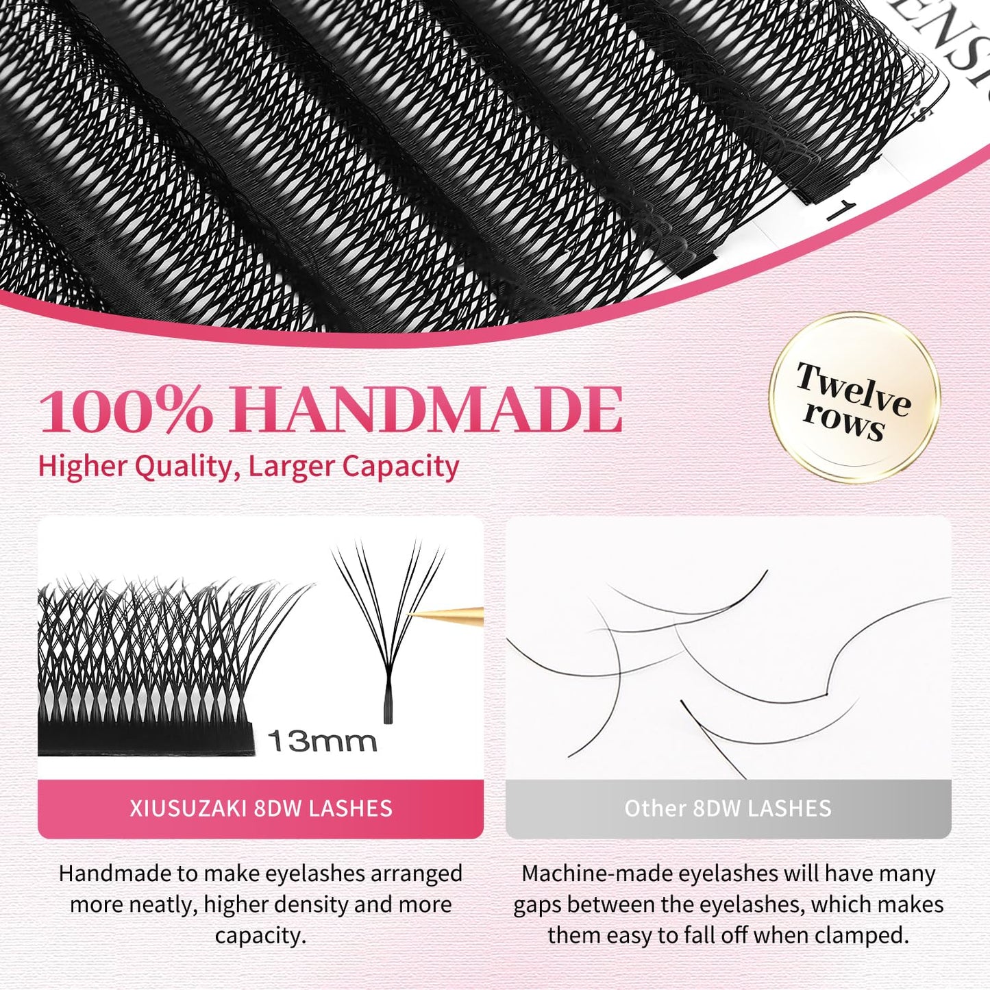 Lash Extensions Double Tips 4D Eyelash Extensions W Shape 0.07mm Thickness D Curl 14mm Premade Fans Easy Fan Volume Lashes Matte Black Crisscross(W-4D-Double Tips-0.07-D,14mm)
