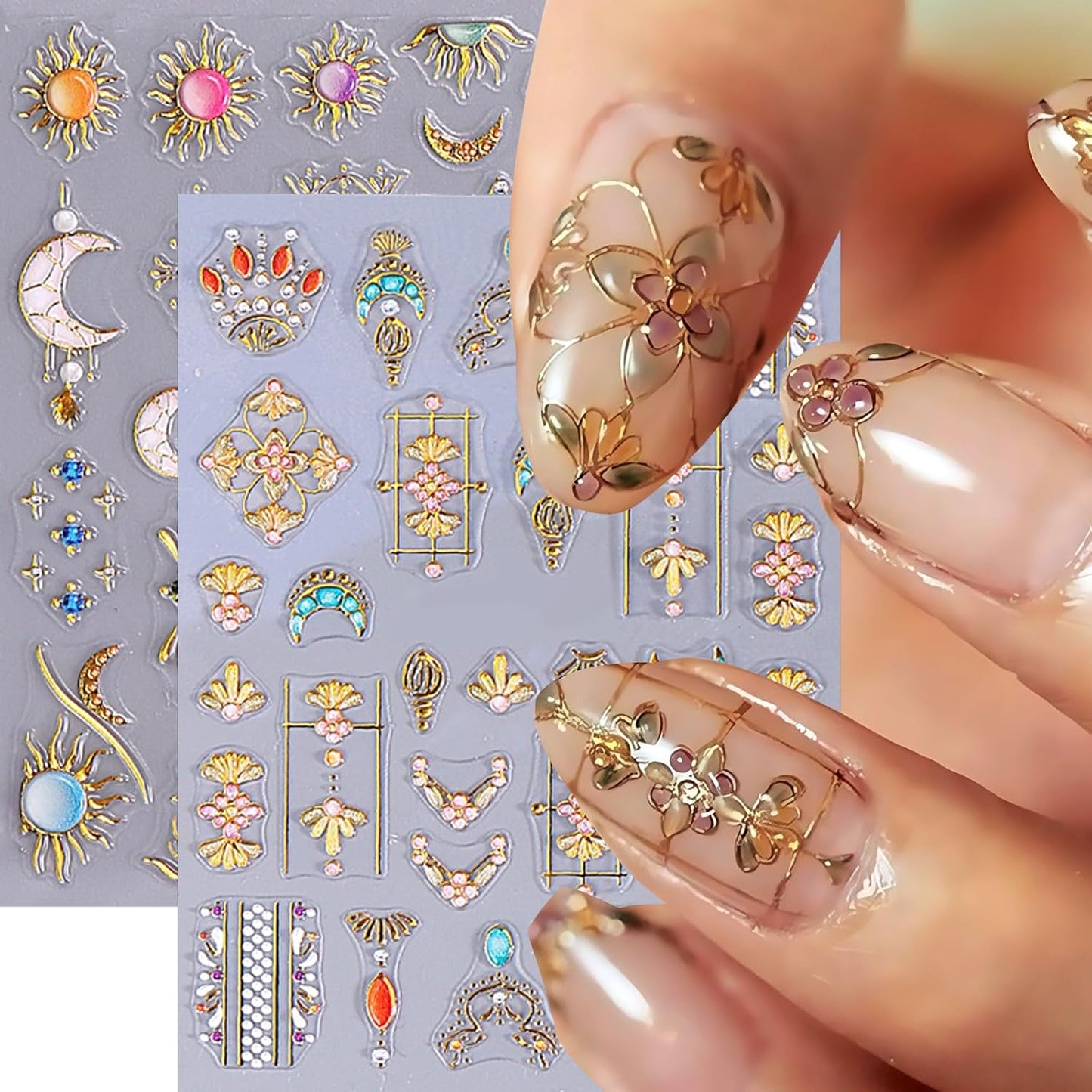 3 Sheets Bohemian Style Nail Decals Embossed Star Nail Art Stickers 5D Self-Adhesive Sun Moon Nail Stickers Flame Heart French Designs Nails Decor Boho Manicure Accessories for Women Nail Supplies
