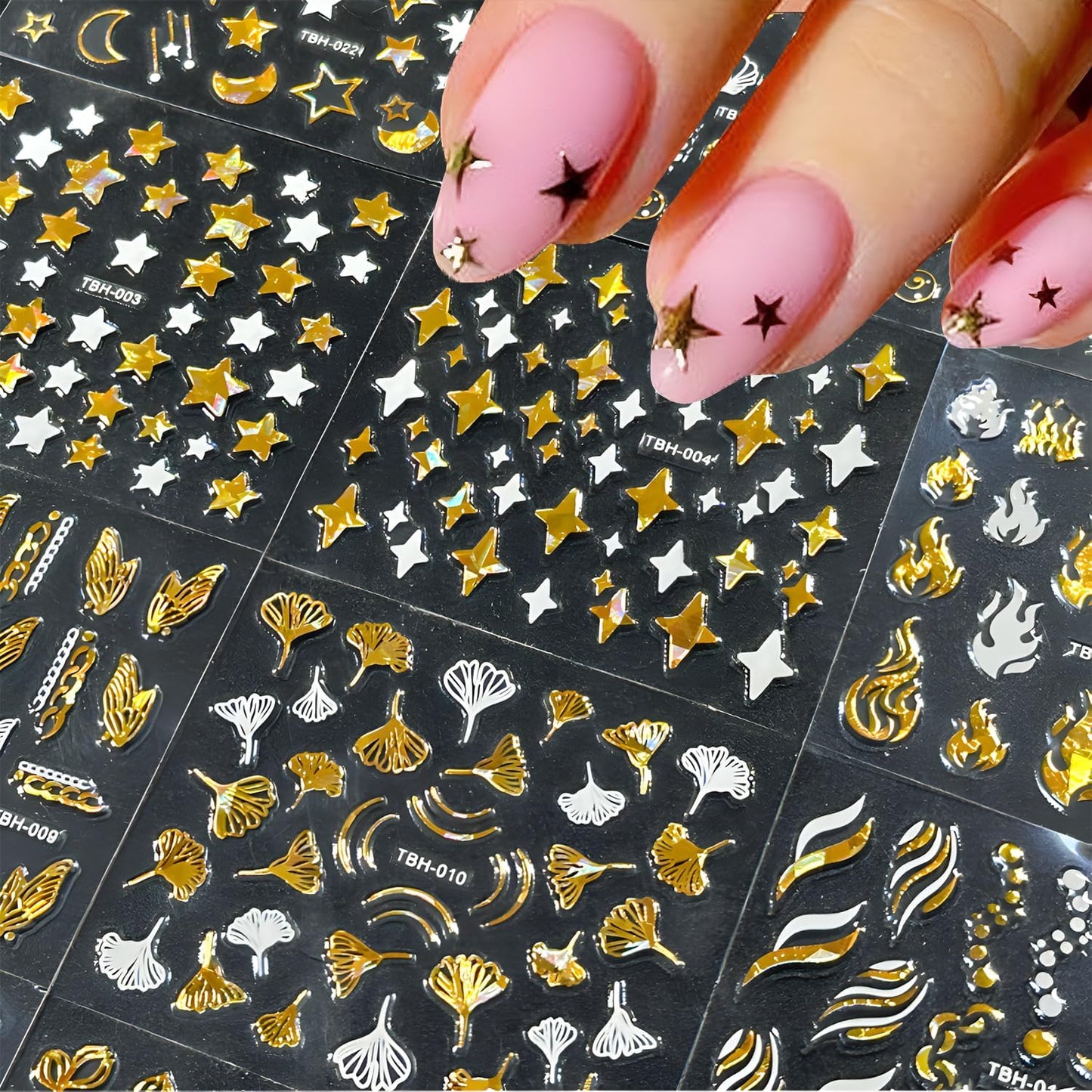 30 Sheets Gold Nail Art Stickers 3D Self Adhesive Star Nail Decals Gold Flower Nail Stickers for Nail Art Heart Snowflake Nail Art Design Decoration Accessories for Women and Girls, Style 2