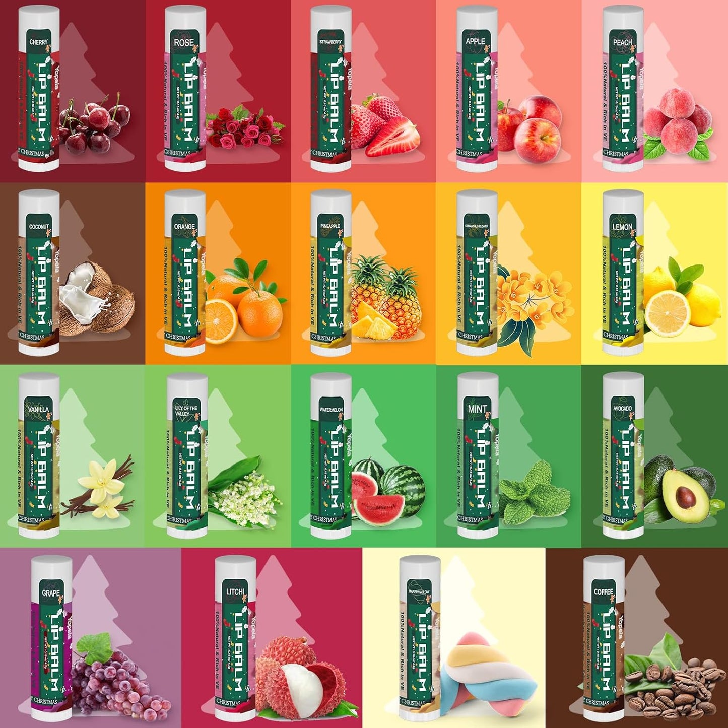 Yopela 19 Pack Christmas Natural Lip Balm Bulk with Vitamin E and Coconut Oil Lip Care Set - Moisturizing, Soothing, and Repairing Dry and Chapped Lips - 19 Flavors - Non-GMO