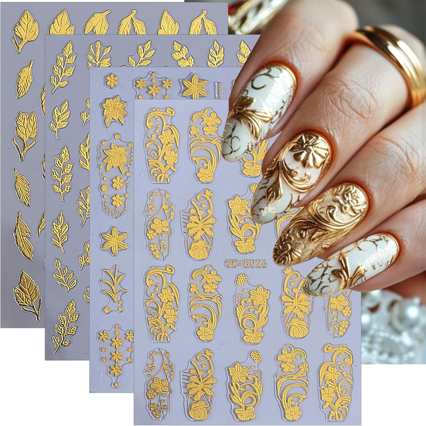 3D Gold Nail Art Stickers 4 Sheets Metallic Flower Leaf Nail Stickers Retro Totem Floral Nails Decals Self Adhesive Gold Designs Luxury Accessories Manicure Supplies for Women DIY Acrylic Decorations