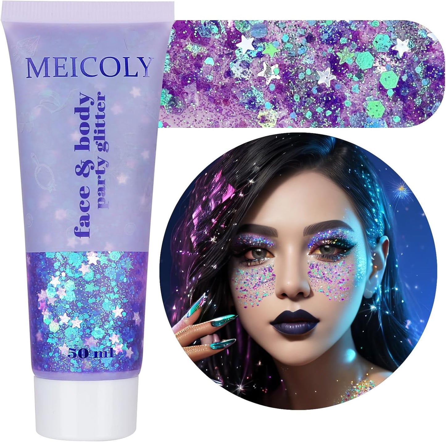 MEICOLY Light Purple Body Glitter,Chameleon Purple Mermaid Face Glitter,Mardi Gras Outfit for Women,Rave Glitter Makeup,Glitter Face Paint,Hair Chunky Glitter,Sparkling Glitter Gel for Women,50ml