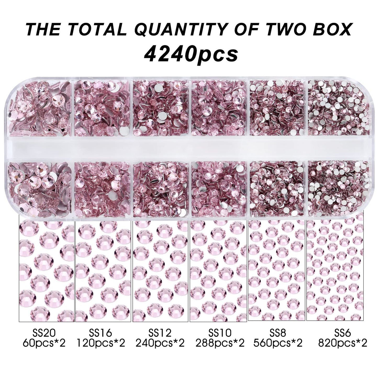 4240Pcs Flatback Pink Rhinestones Glass Crystal Gemstones for Nail Art Jewels Makeup Shiny Round with Tweezers and Picking Pen (SS6~SS20 Set)