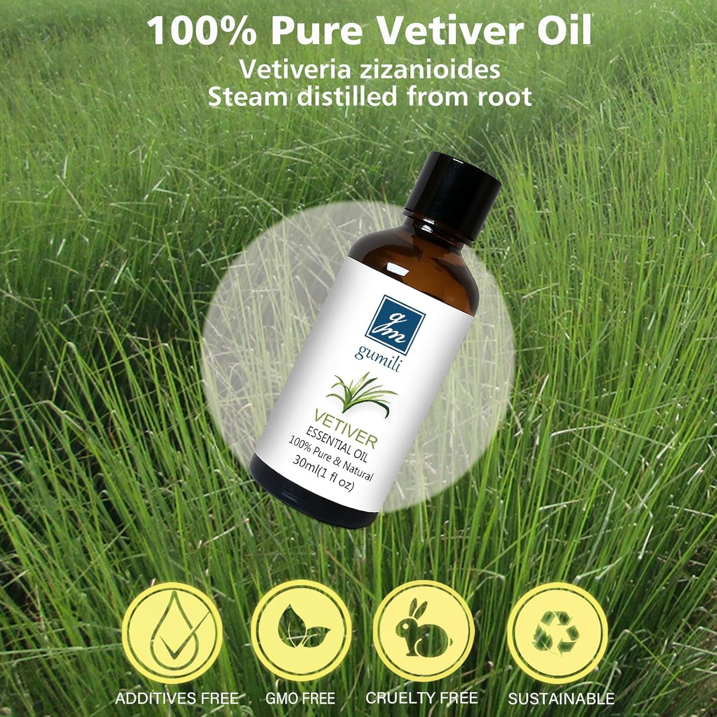 Vetiver Essential Oil 1 Oz - 100% Pure & Natural Vetiver Oil for Diffuser, Aromatherapy, Skin, Hair, Massage, Relaxing Scent
