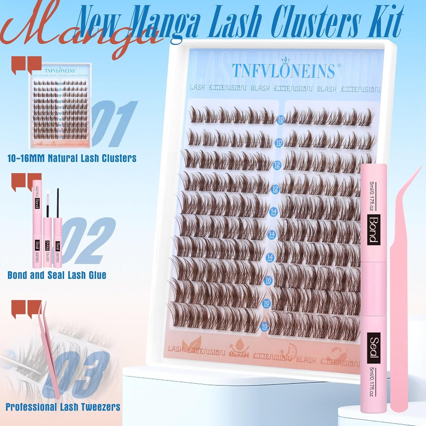 Brown Lash Clusters Kit Manga Lash Extension Kit Natural Eyelash Clusters Wispy 10-16MM Individual Lashes Clusters Anime Eyelash Extension Kit with Bond and Seal and Tweezers by TNFVLONEINS
