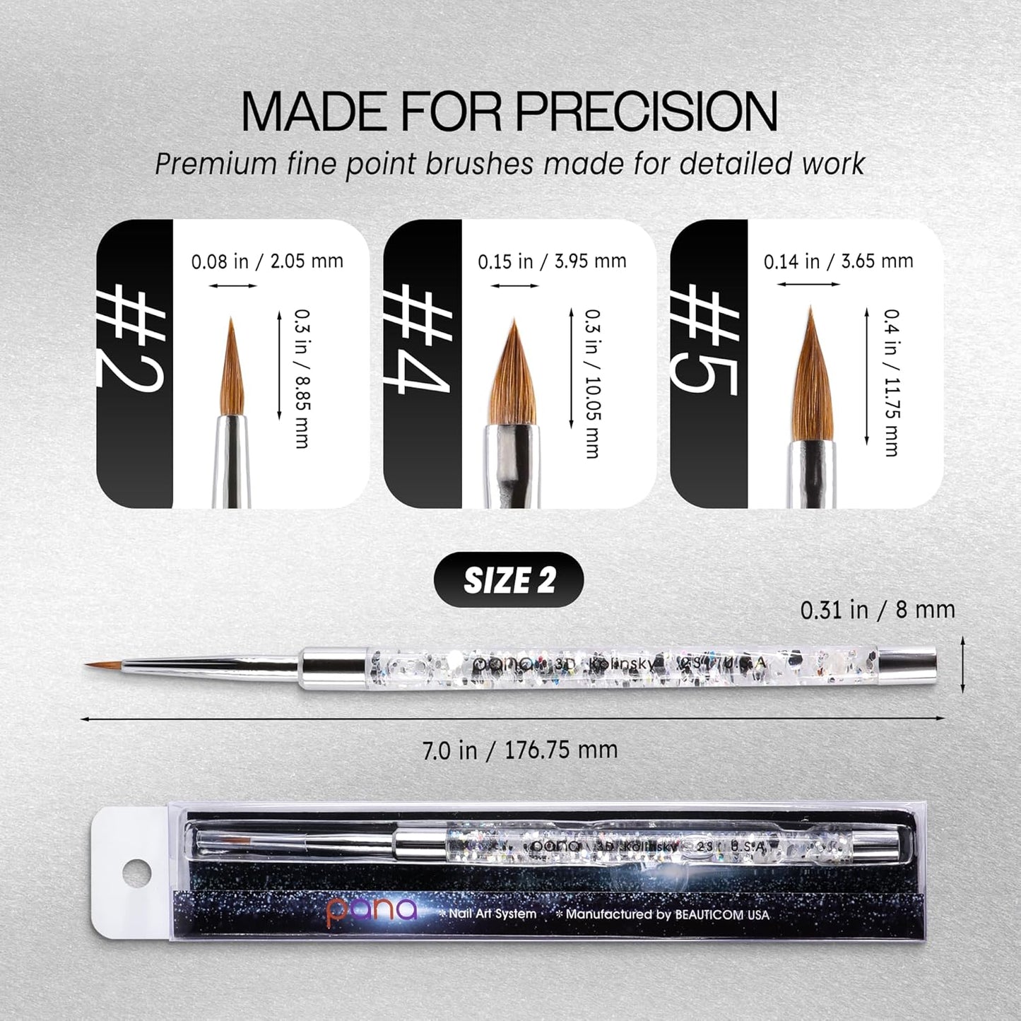 PANA 3D Kolinsky Nail Art Brush - Silver Glitter Handle, Size 2 - Acrylic Nail Art Sculpture Brush for Manicures Pedicure Salon Professional or Beginner