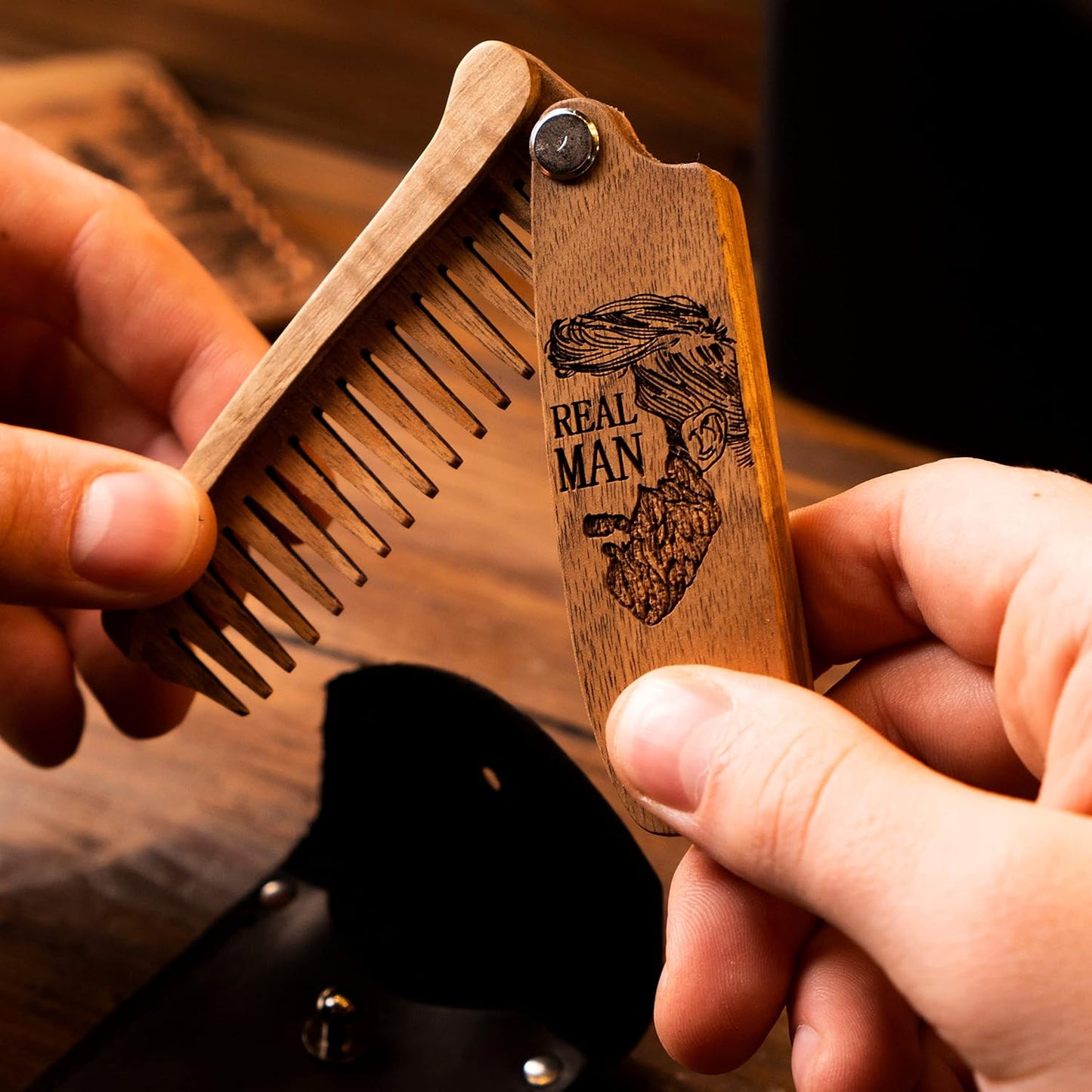Beard Comb for Men Pocket Folding Combs for Mustache & Hair Travel Natural Wooden Comb with Real Man Engraving - Perfect for Use w/Beard Balm Oil (Wavy Half Skull) (Model RM)