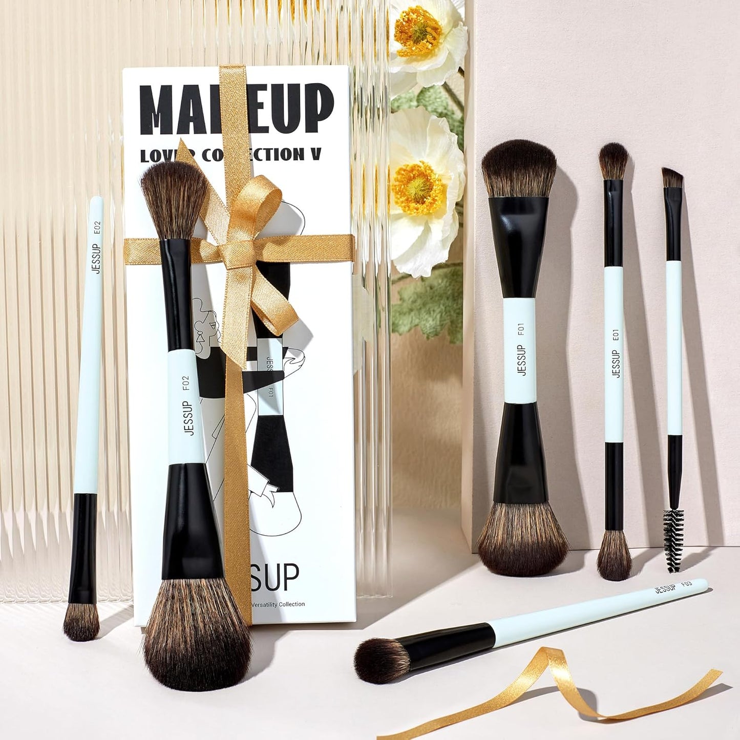 Jessup Makeup Brush Set 6pcs Double Sided Makeup Brushes Foundation Contour Blush Highlight Blending Eyebrow Brush Eyeshadow Brush, Vegan Fiber Make up Brush Bright Cyan T501