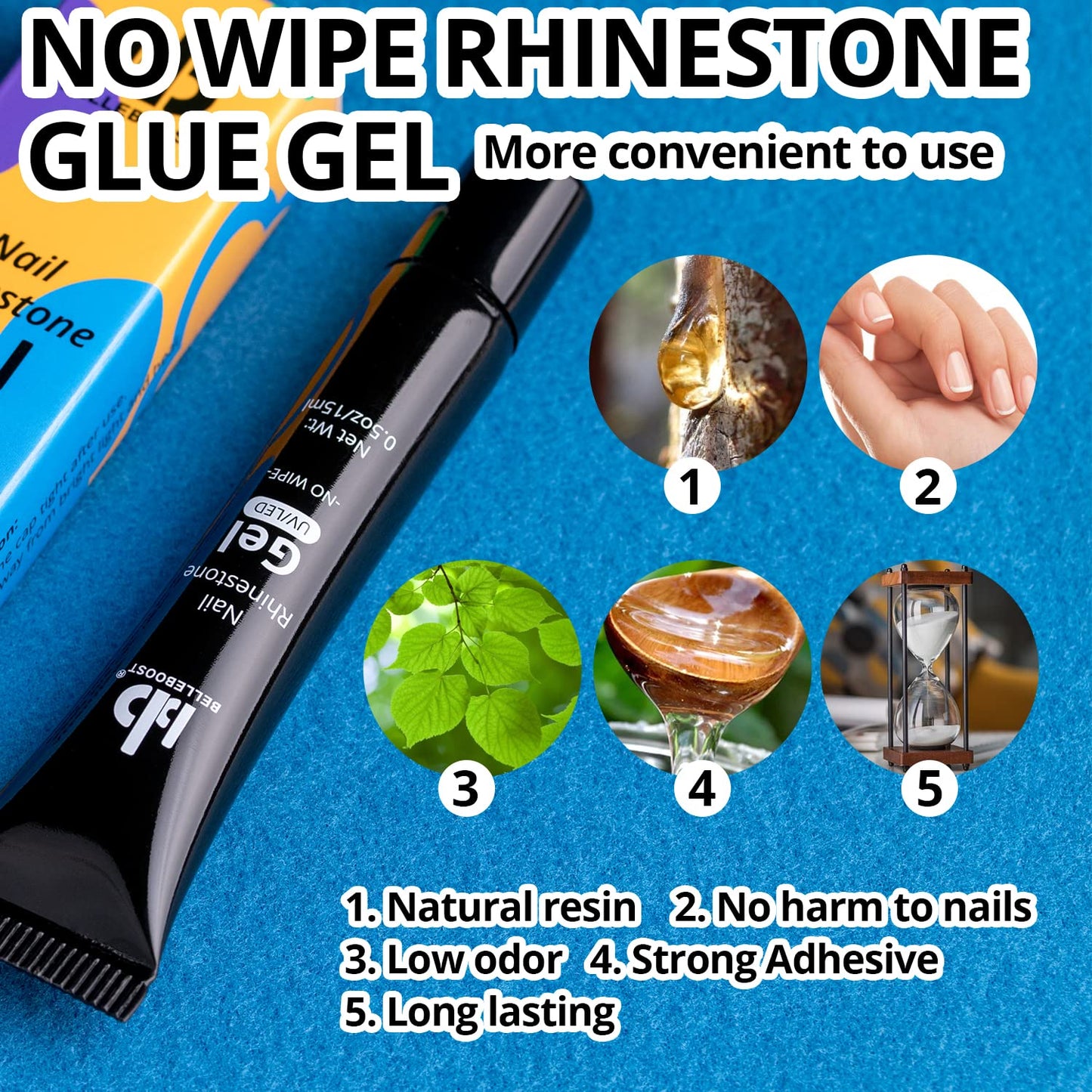 Nail Art Rhinestone Glue Gel&1 Box Flatback Gems Kit, 1 Tube of 15ml Rhinestone Gel Glue(UV/LED Needed)+Crystal AB Gems with Pickup Tools