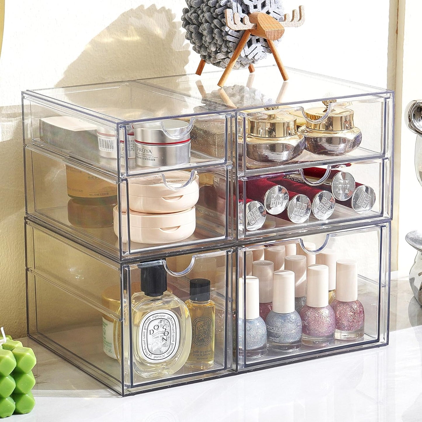 Prsildan Acrylic Drawer Makeup Organizer with 6 Drawers, Set of 2 Office Desk Organizers Accessories, Clear Stackable Storage Drawers for Vanity, Craft, Not for Baby Bottle (Largest Drawer 4" Tall)