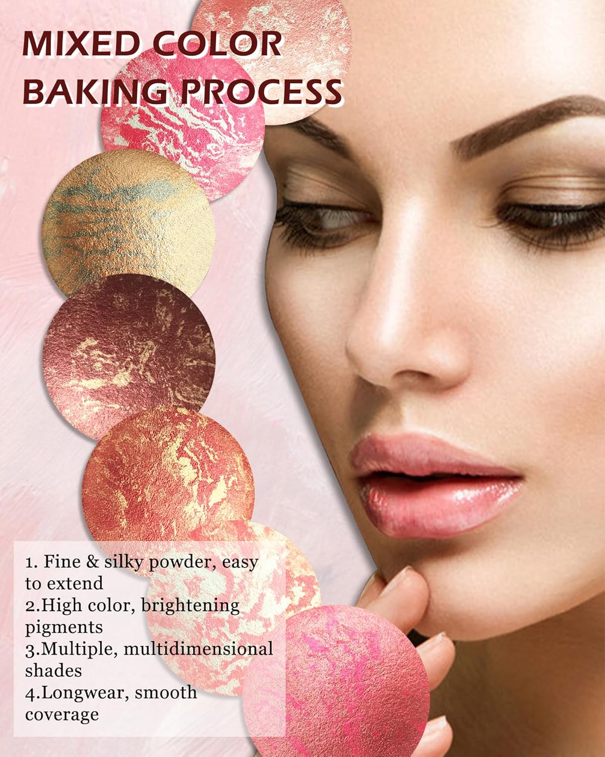 Baked Blush,Glow Marbleized Blusher Powder Palette,Lightweight Shimmery Blusher for Cheeks,Eyeshadow & Highlight,Makeup Gift for Women rubores de maquillaje(0.49Ounce)-08 Gold Pink