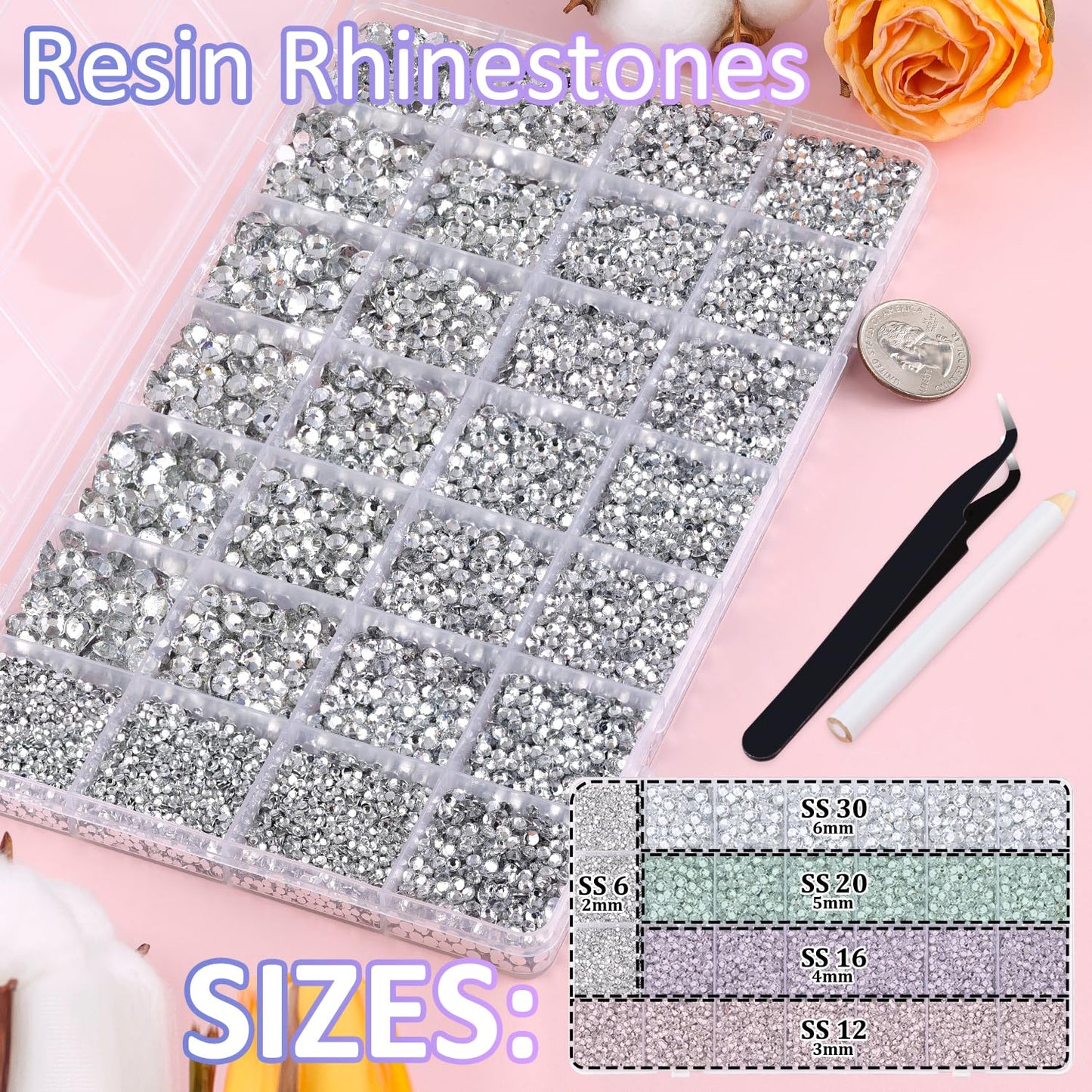 30000Pcs Resin Rhinestones for Bedazzling with Tweezers, Clear Rhinestones for Crafting with B7000 Jewelry Glue for DIY Crafts Clothing Tumblers Shoes Fabric Nail Art