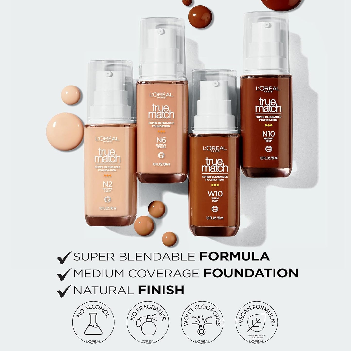 L'Oreal Paris True Match Super-Blendable Foundation, Medium Coverage Liquid Foundation Makeup, W2.5, Light Medium, 1 Fl Oz