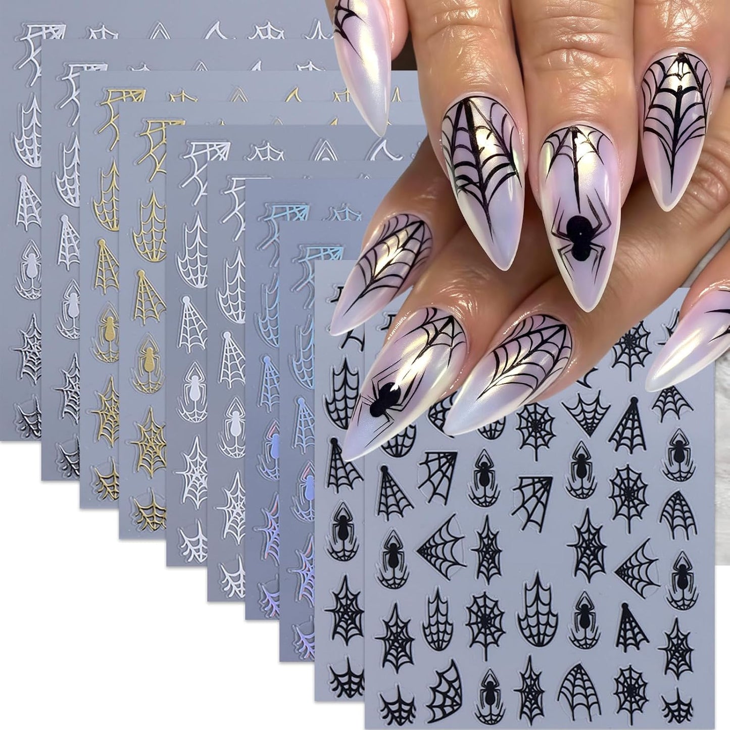 10 Sheets Halloween Nail Stickers for Nail Art 3D Self-Adhesive Spider Nail Decals Spider Web Nail Art Stickers Black White Gold Silver Laser Spider Web Nail Design for Acrylic Women Manicure Decor